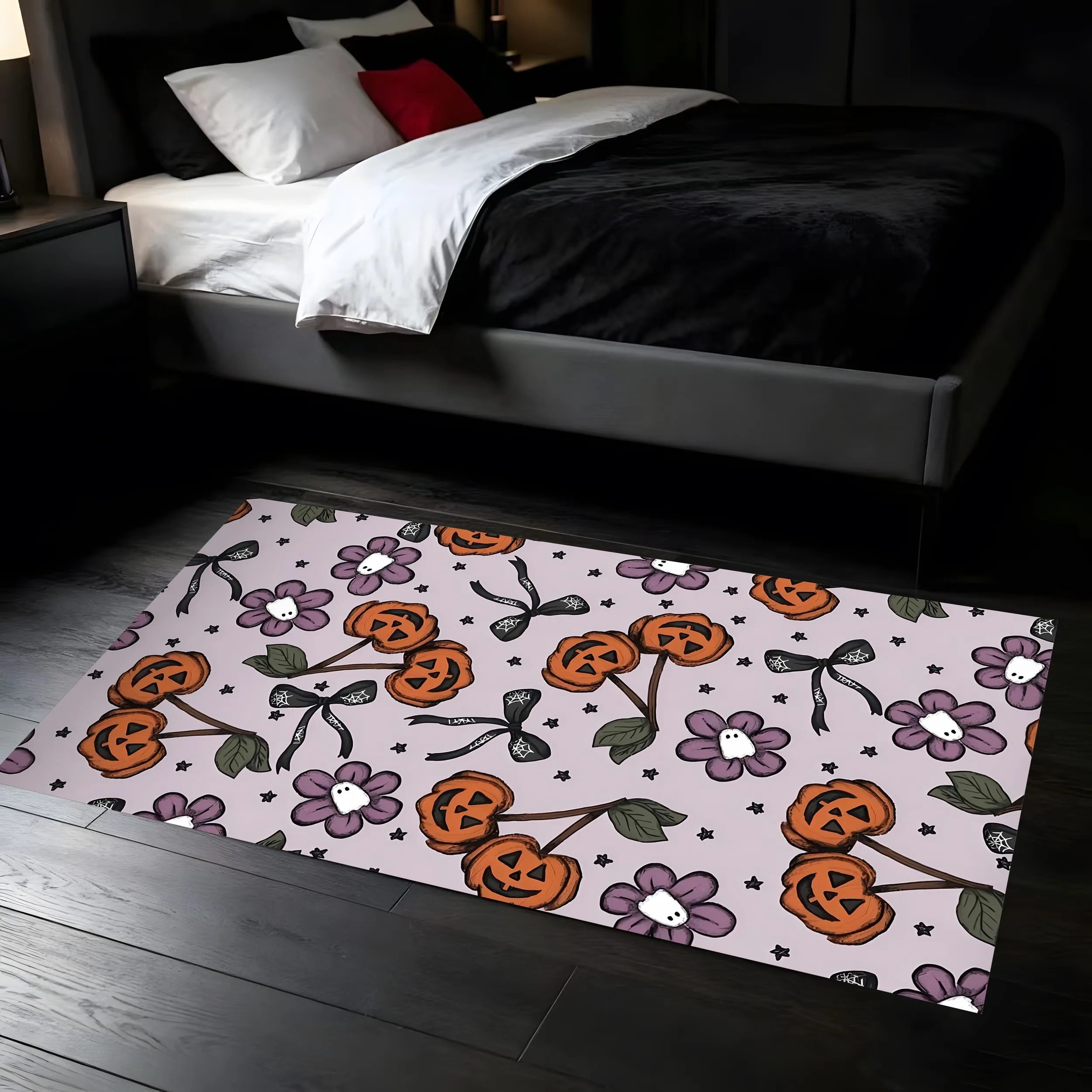 2D Carpet Pumpkin Ghost Bow Print Sweet Cool Childlike Style Soft Cute Eye Catching Festive Halloween Atmosphere