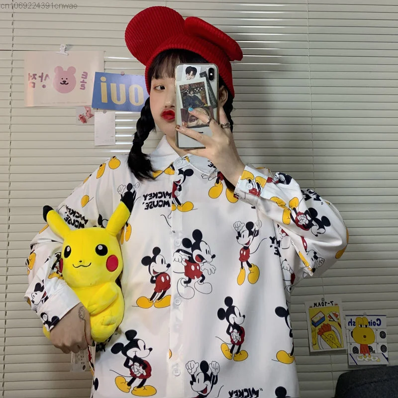 Disney Mickey Mouse New Print Korean Style Long Sleeved Shirt Fashion 2000s Youthful Woman Clothes Hip Hop Y 2k Emo Blouse Girls