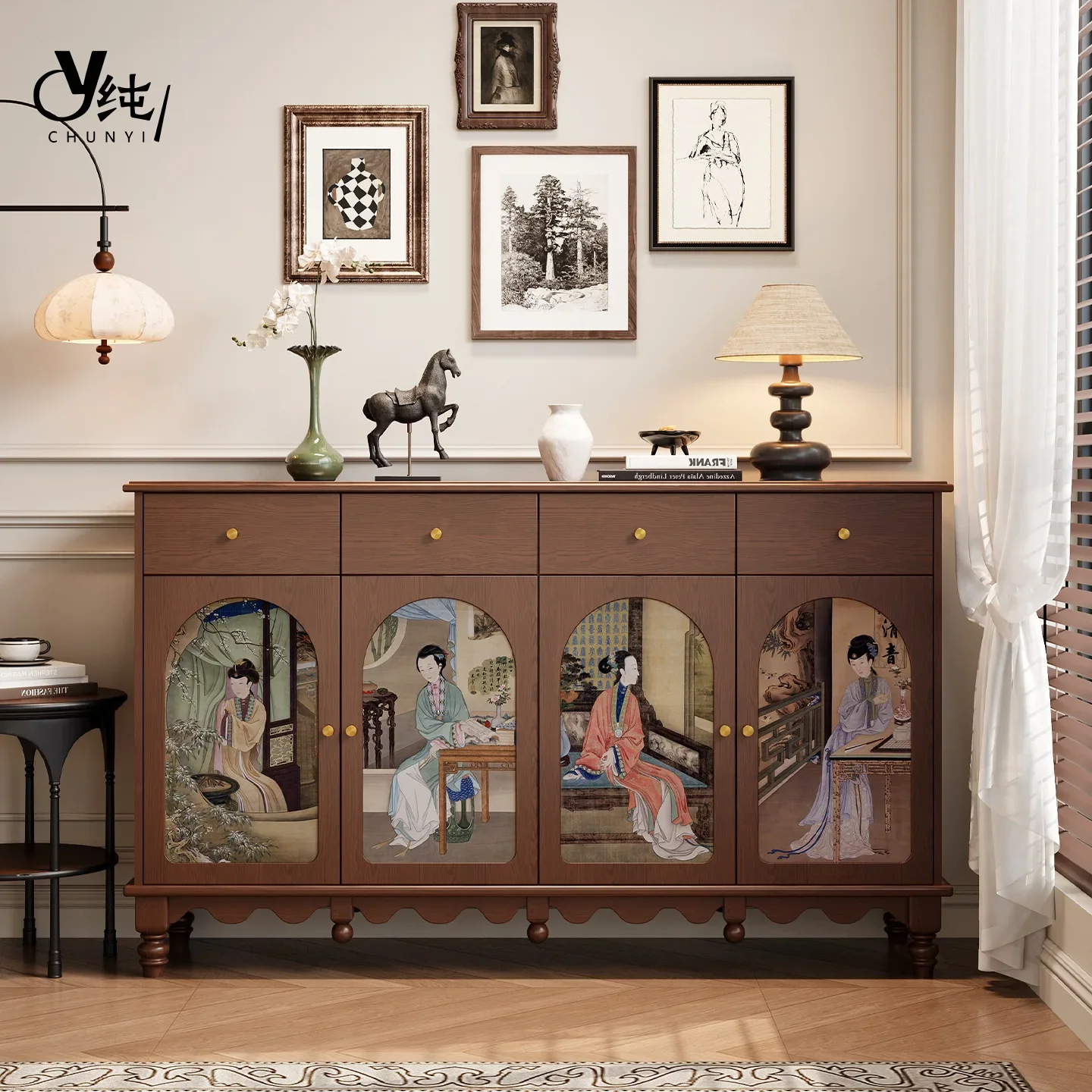 Neoclassical solid wood dining side cabinet, living room against the wall storage locker, foyer entrance entrance shoe cabinet i