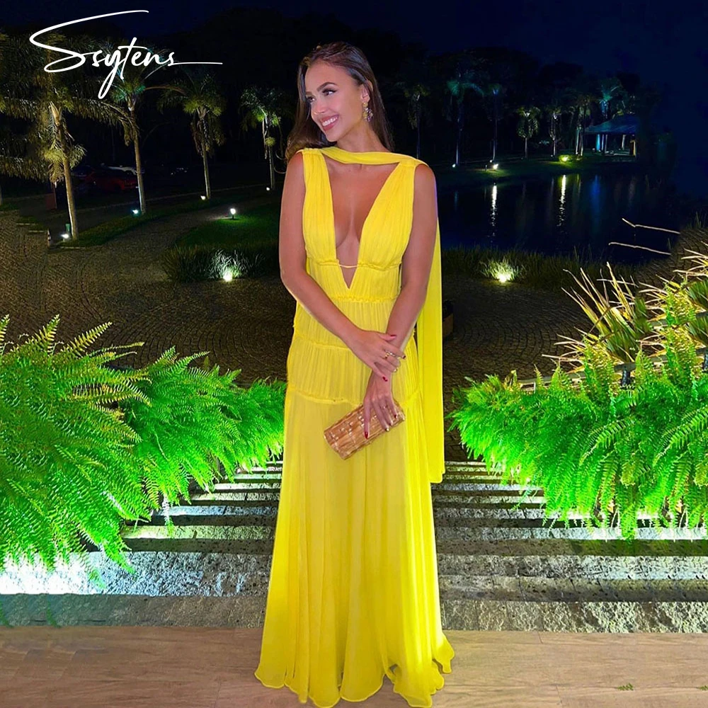 

Sexy Yellow Beach Evening Dresses 2024 Pelats Chiffon Prom Gowns Elegant Gala V-Neck Night Dinner Dress Casual Dresses for Lady