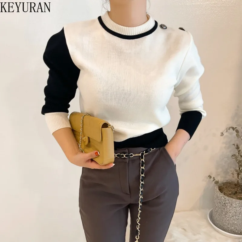 Autumn Winter Woman\'s Sweaters Fashion Color-blocked Patchwork O-Neck Casual Long Sleeve Female Pullover Knitted Tops Clothing