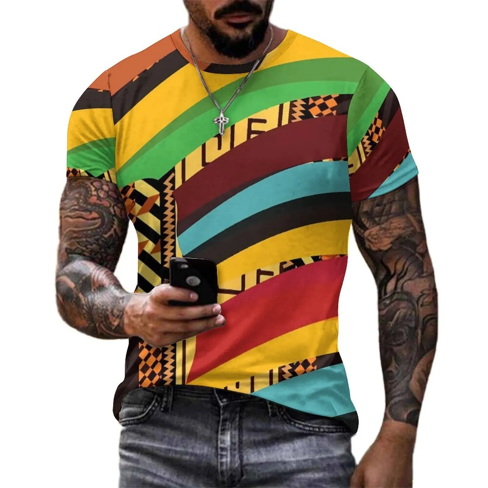 Print Patchwork Print T-Shirt Vintage African Y2K Fun T-Shirts O-Neck Cool Tshirt Summer Man Custom Tees Big Size 5XL 6XL