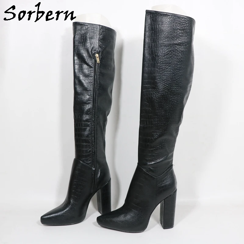 

Sorbern, черные женские сапоги из крокодиловой кожи, сапоги до колена на шнуровке, фетиш, с острым носком, большие размеры, US15-17, сапоги на заказ, цвета