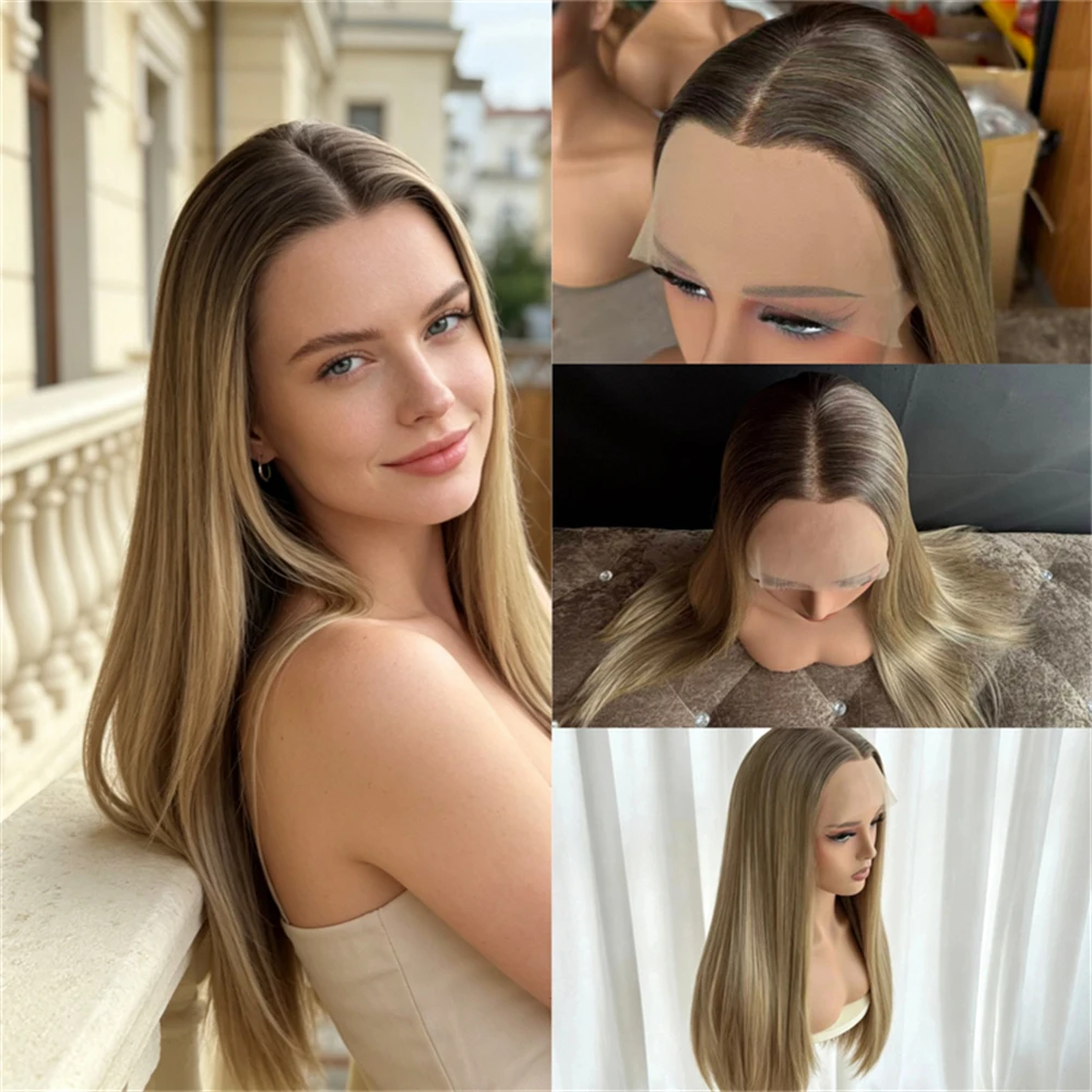 Middle Part Ombre Blonde Brown Synthetic HD Lace Front Wig Soft Long Straight Wig Glueless Preplucked Hairline 26 Inches Party