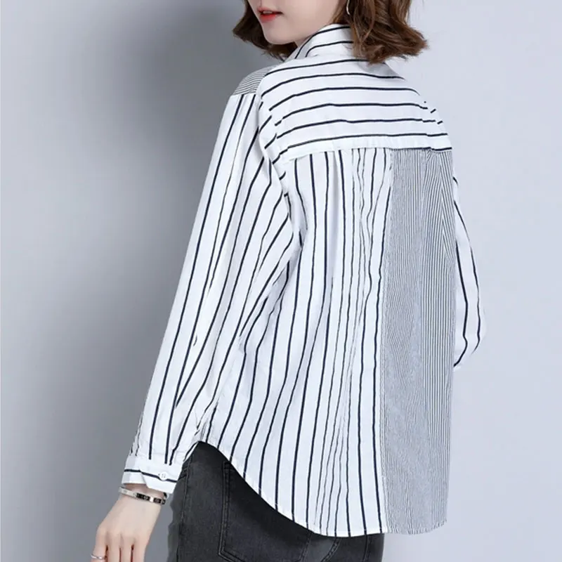 Women New Style Fashion Simplicity Striped Polo Collar Long Sleeve Shirts Women Clothes All-match Casual Loose Temperament Tops