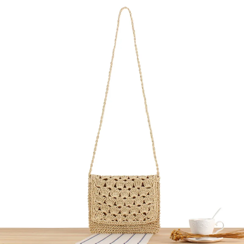 Solid color paper rope crochet small square bag with fan-shaped flower cover crossbody bag, hand woven beach mobile phone bag