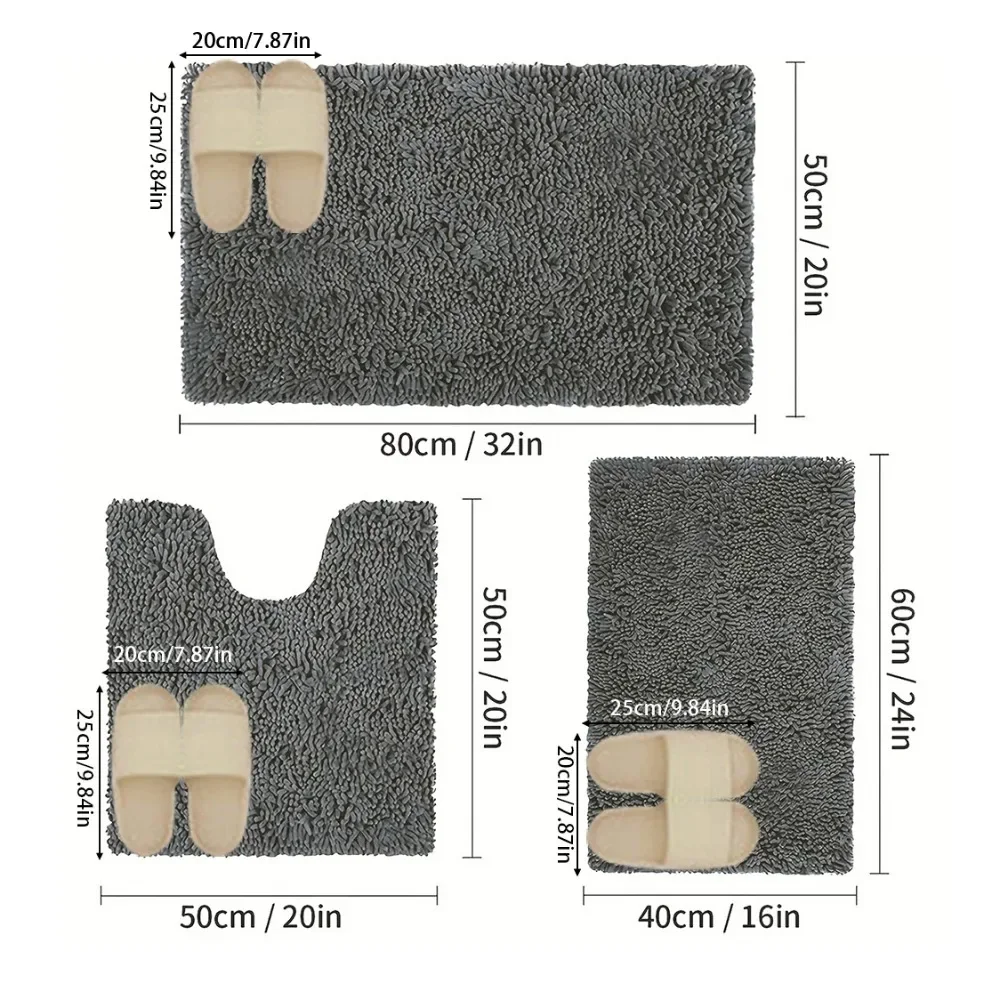 3PCS Bathroom Home Bathtub Carpet Set, Solid Color Non-Slip Bathroom Carpet, Toilet U-Shaped Mat, Can Be Cleaned And Easy To Dry