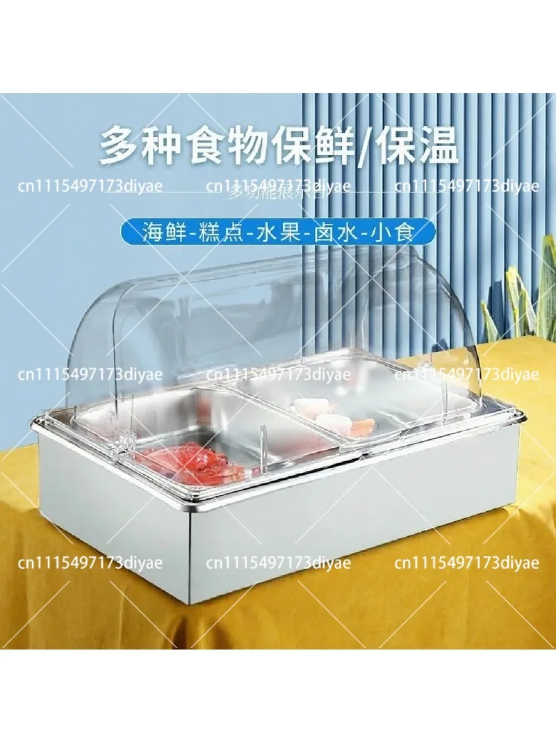 Stainless Steel Chilled Display Stand with Ice Tray, Transparent Fresh-Keeping Flip Cover, Buffet Dust Cover for Food Serving