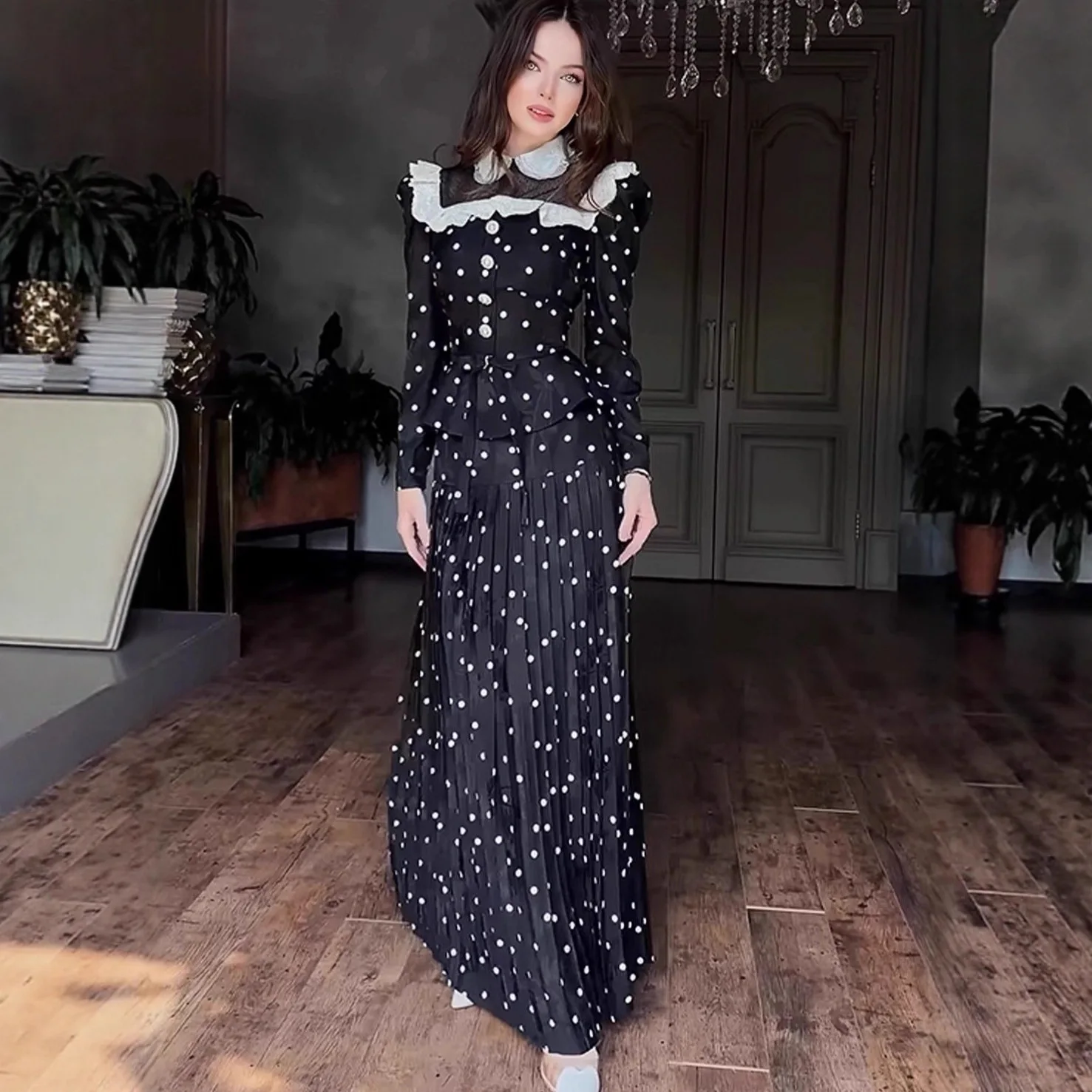 

Women's Polka Dot Maxi-Dress 2-Piece Set Vintage Peplum Shirt Top Pleated Skirt Elegant Retro Party & Formal Occasion Outfit