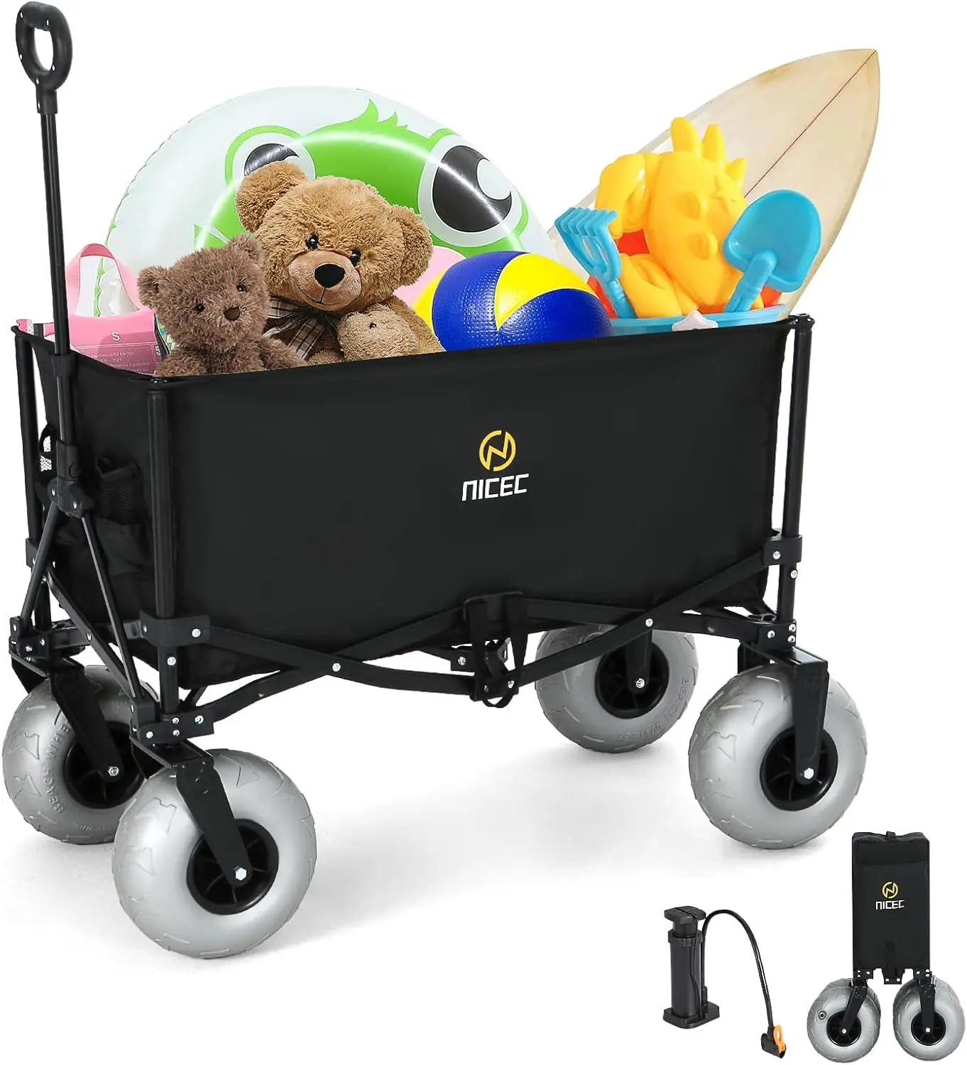 

Beach Wagon, Heavy Duty Folding Utility Cart with 9" Balloon Wheels for Sand, 220 lbs Capacity, Adjustable Handle, Collapsible B