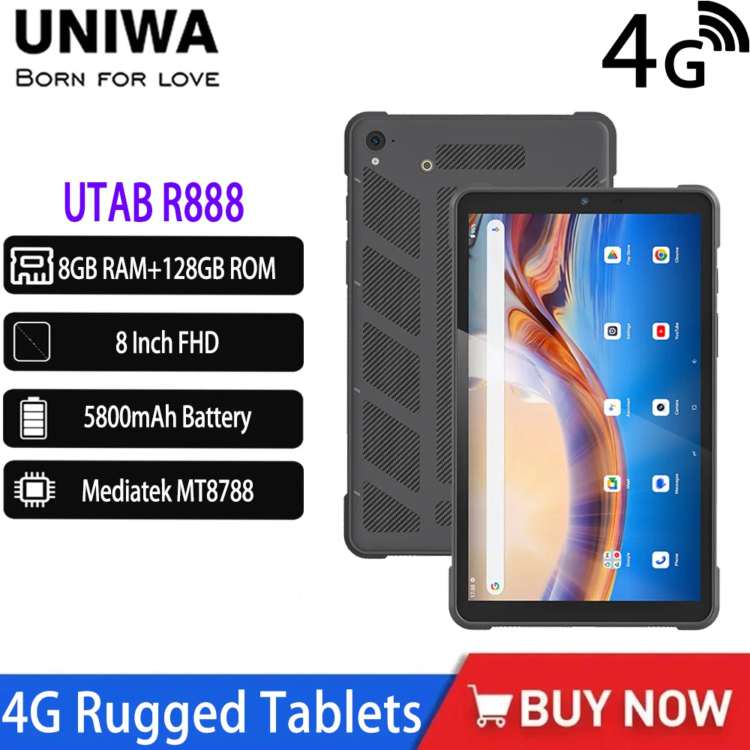 UNIWA UTAB R888 Global Edition 4G Rugged Tablet 8 Inch IP68 Waterproof Phablet 8GB RAM 128GB ROM 5800mAh Smart Tablet PC GPS NFC