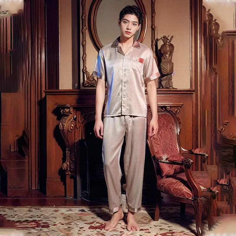 Plus Size 19 Momme 100% Mulberry Silk Pajamas Set for Men Short Sleeve Long Pants Cool Breathable Spring Summer Loungewear