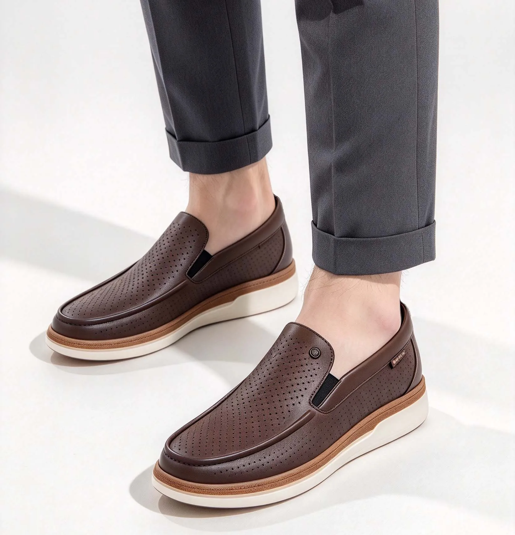 Men's Slip On Loafers,Breathable Perforated Upper Casual Dress Shoes,Lightweight Platform Sole Business Daily Walking Mens Shoes