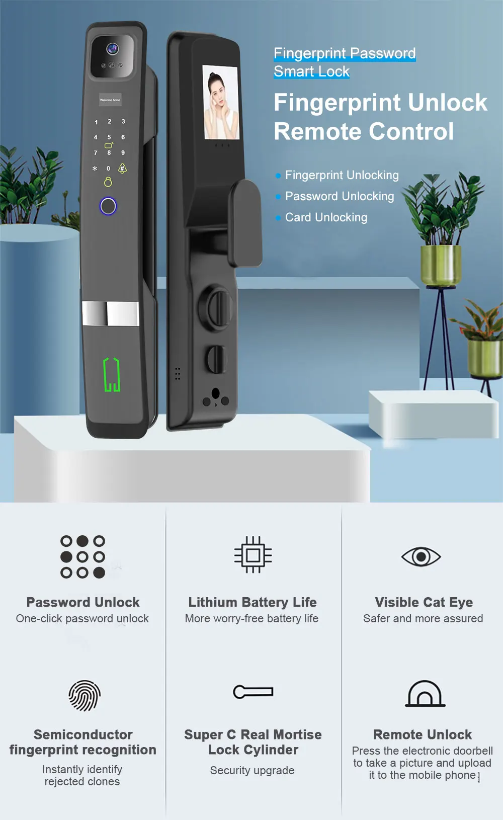 Tuya Wifi Fingerprint 3D Face Recognition Smart Door Lock Video Doorbell Door Lock With Camera Capture Function