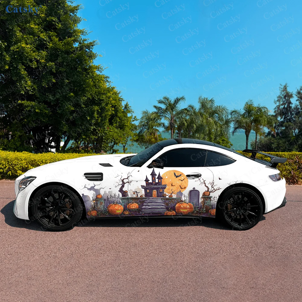 Horror Castle Pumpkin Moon Car Vinyl Wraps Decal Self-adhesive PVC Sticker Suitable for Trucks SUV Decor Auto Accessories Gift