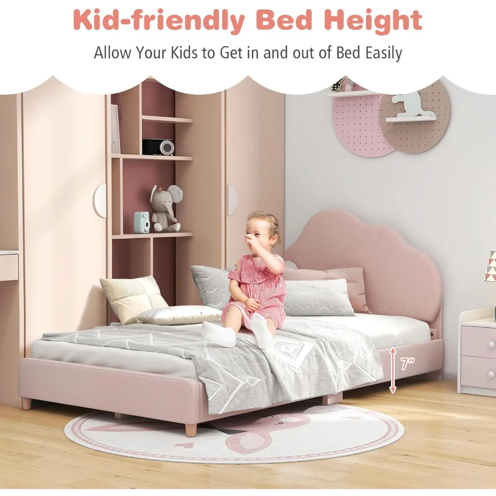 إطارات سرير مزدوج للأطفال، سرير أطفال خشبي منجد مع لوح رأسي قابل للتعديل، دعم شرائح، غطاء وزن 660 رطل، بدون صندوق