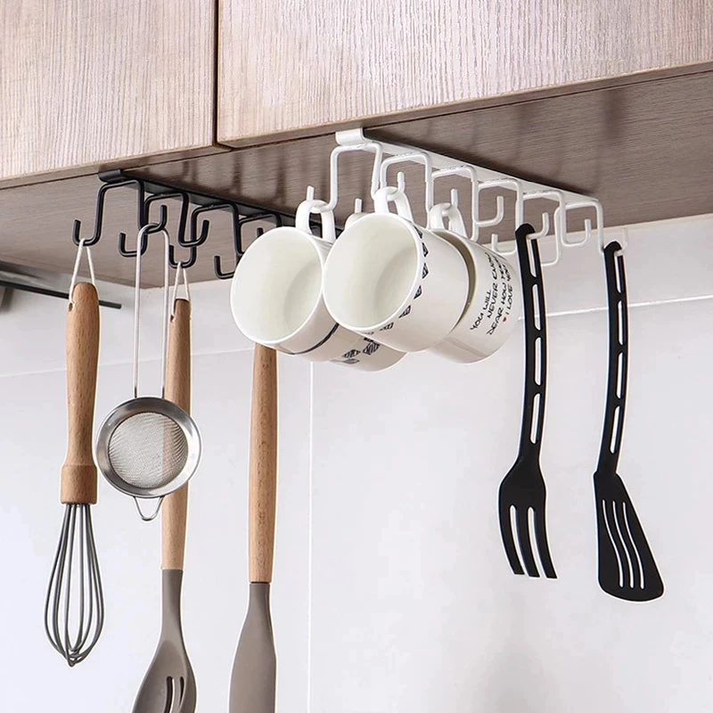1pc Cabinet Storage Rack Multifunctional Wardrobe Organizing Rack With 12 Hooks Kitchen Cup Holder No Punching Storage Rack