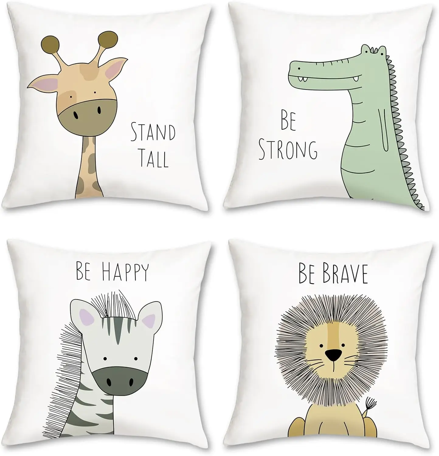 4pcs Cartoon Animal Pillow Covers Polyester Cushion Cases Giraffe Crocodile Zebra Lion Print Throw Pillowcase Set for Kids Room