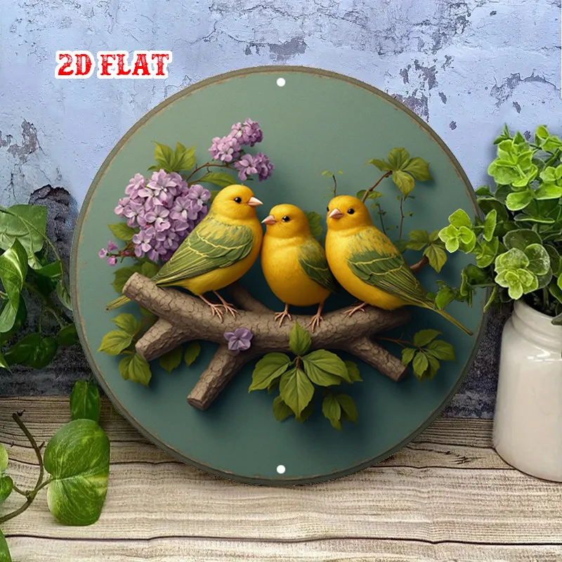 2D Flat 1pc Perched Birds Round Aluminum Sign, Nature Scene Metal Tin Sign, Purple Flowers Round Aluminum Sign