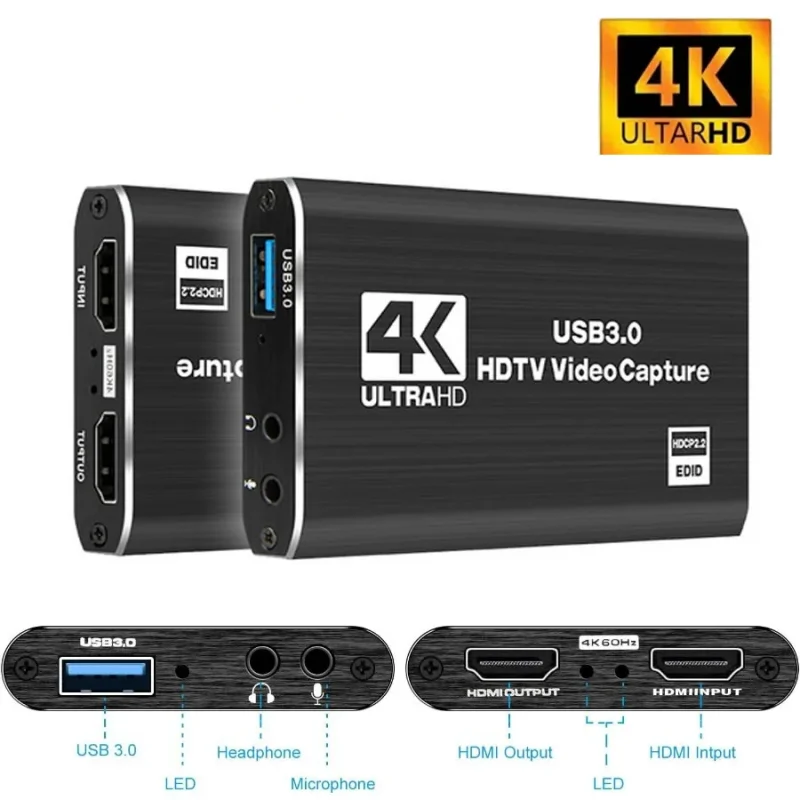 4K USB 3.0 Video Capture Card HDMI-compatible 1080P HD Video Recorder Grabber For PC PS4 OBS Game Recording Game Audio Mic