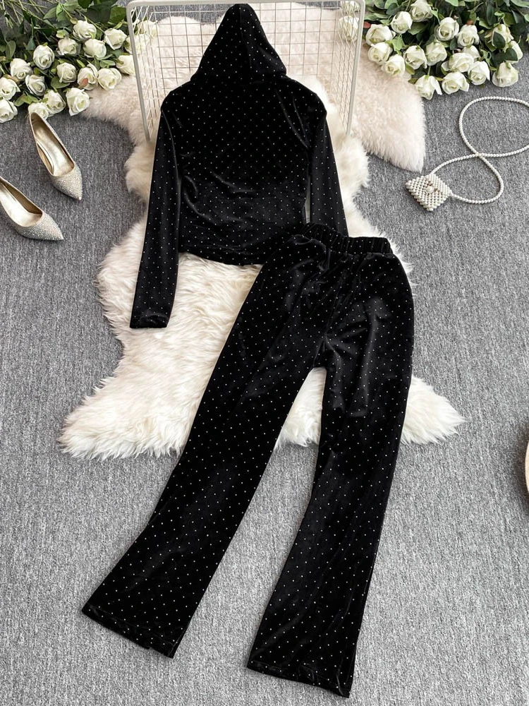 Fashion suit velvet hooded zipper cardigan jacket with high waist heavy industry diamond casual straight leg mop pants