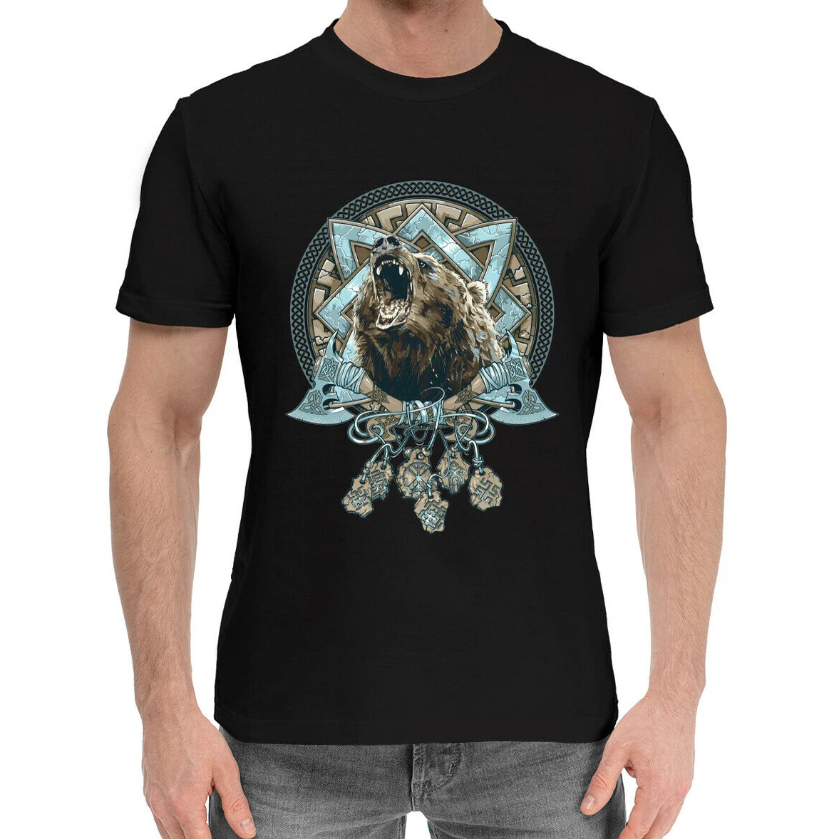 Russia National Symbol Bear and Slavic Charms T-Shirt 100% Cotton O-Neck Summer Short Sleeve Casual Mens T-shirt Size S-3XL