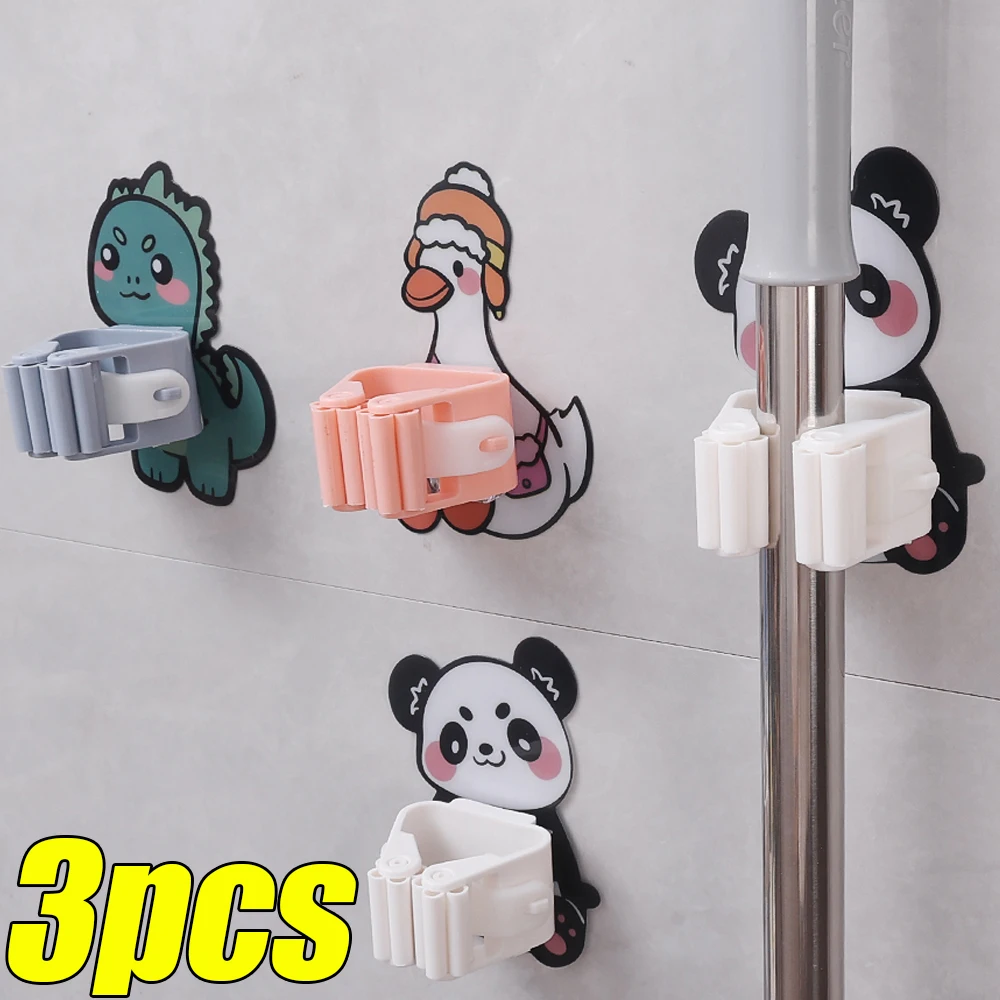 3/1PCS Self-adhesive Cartoon Mop Clip Wall-mounted Mop Storage Rack Broom Hanger Strong Seamless Mop Chuck Kitchen Bathroom Tool