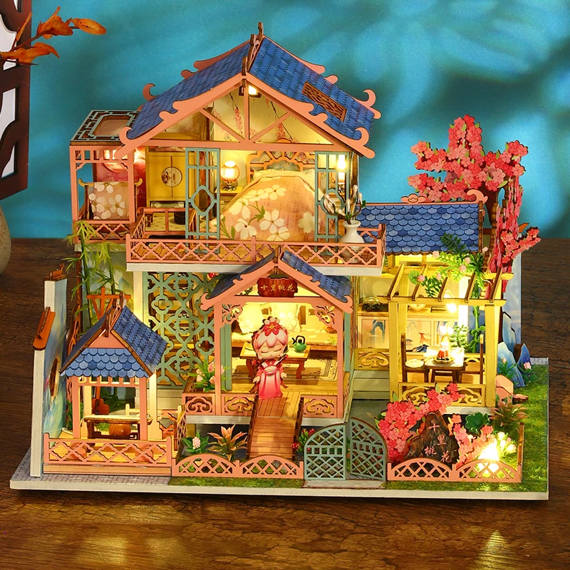 New Diy Wooden Doll Houses Peach Blossom Attic Casa Miniature Building Kits With Furniture Led Light Dollhouse For Girls Gifts