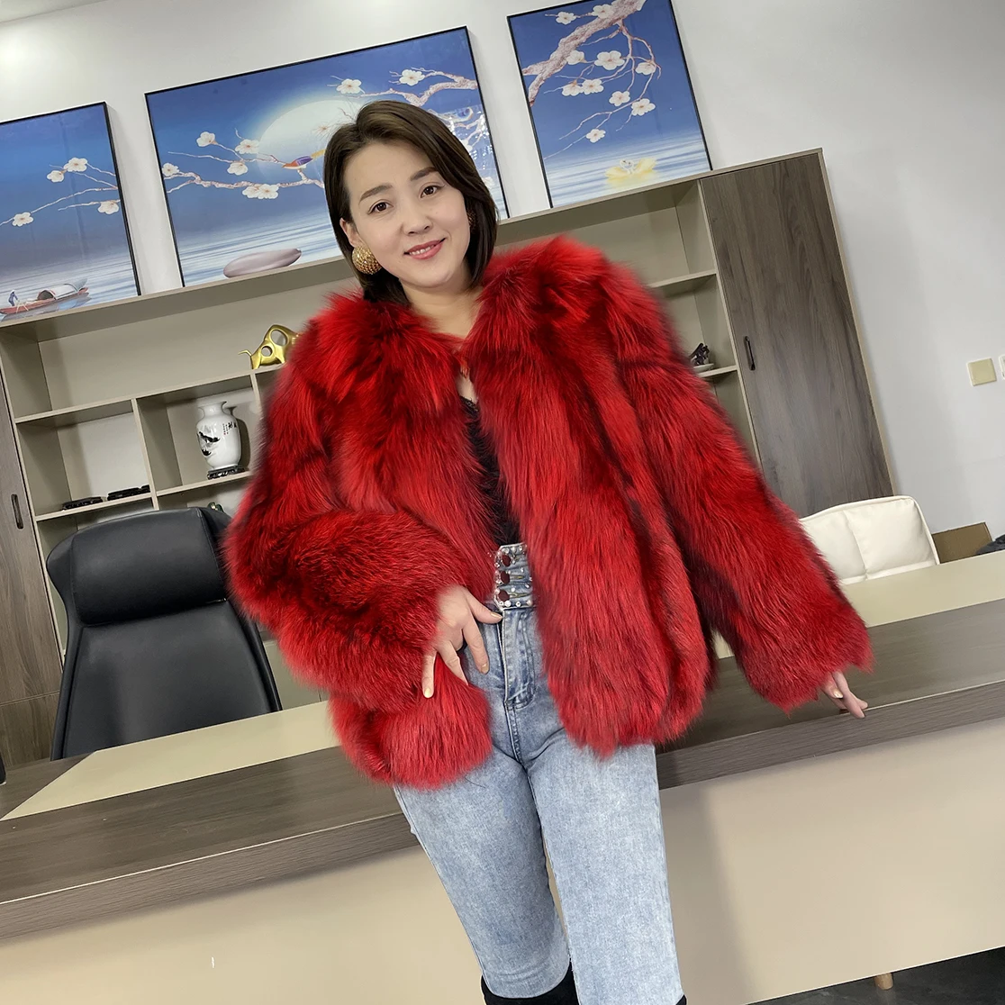 Real Natural Silver Fox Fur Coat for Women, Long Sleeves, Winter Outerwear, Luxury Female Jacket, High Quality