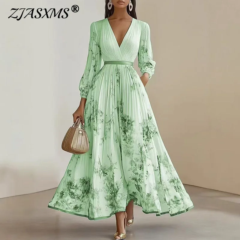 Sexy V Neck High Waist Pleated Dress Robes Woman Spring Floral Print Loose A-Line Party Dress Casual Long Sleeve Boho Maxi Dress
