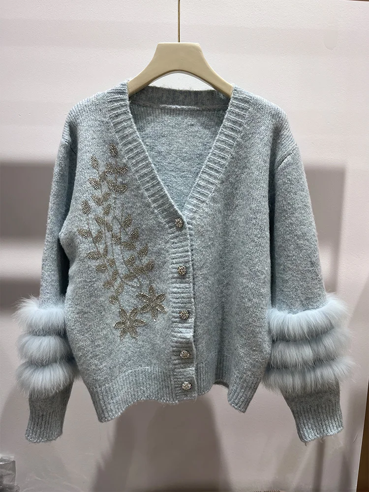 2025年 レディース ニット セーター 本物のキツネの毛皮付き ルーズ 長袖 暖かい Vネック カーディガン ジャケット 女性用 アウター