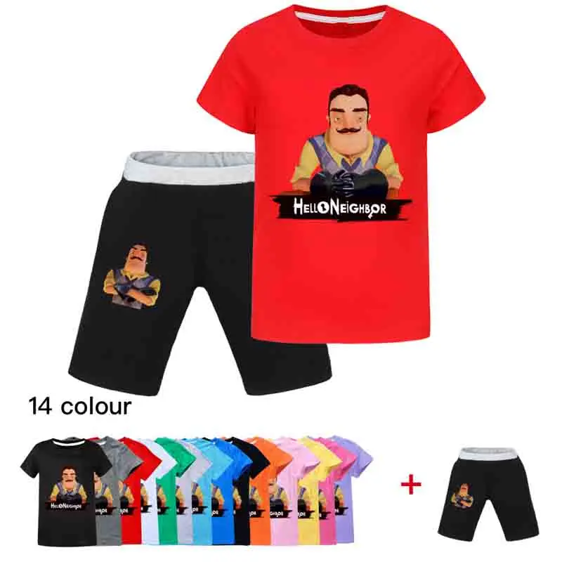 Nuevo verano niños HELLO NEIGHBOR camiseta pantalones cortos 2 uds conjuntos niños Anime Camiseta de algodón pantalones verano niños conjuntos de ropa de bebé