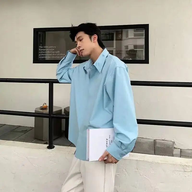 New Luxury Brown Long Sleeve Men's Loose Fit Korean Style Simple Quality Trendy Top Summer Male Fashion Casual Shirt