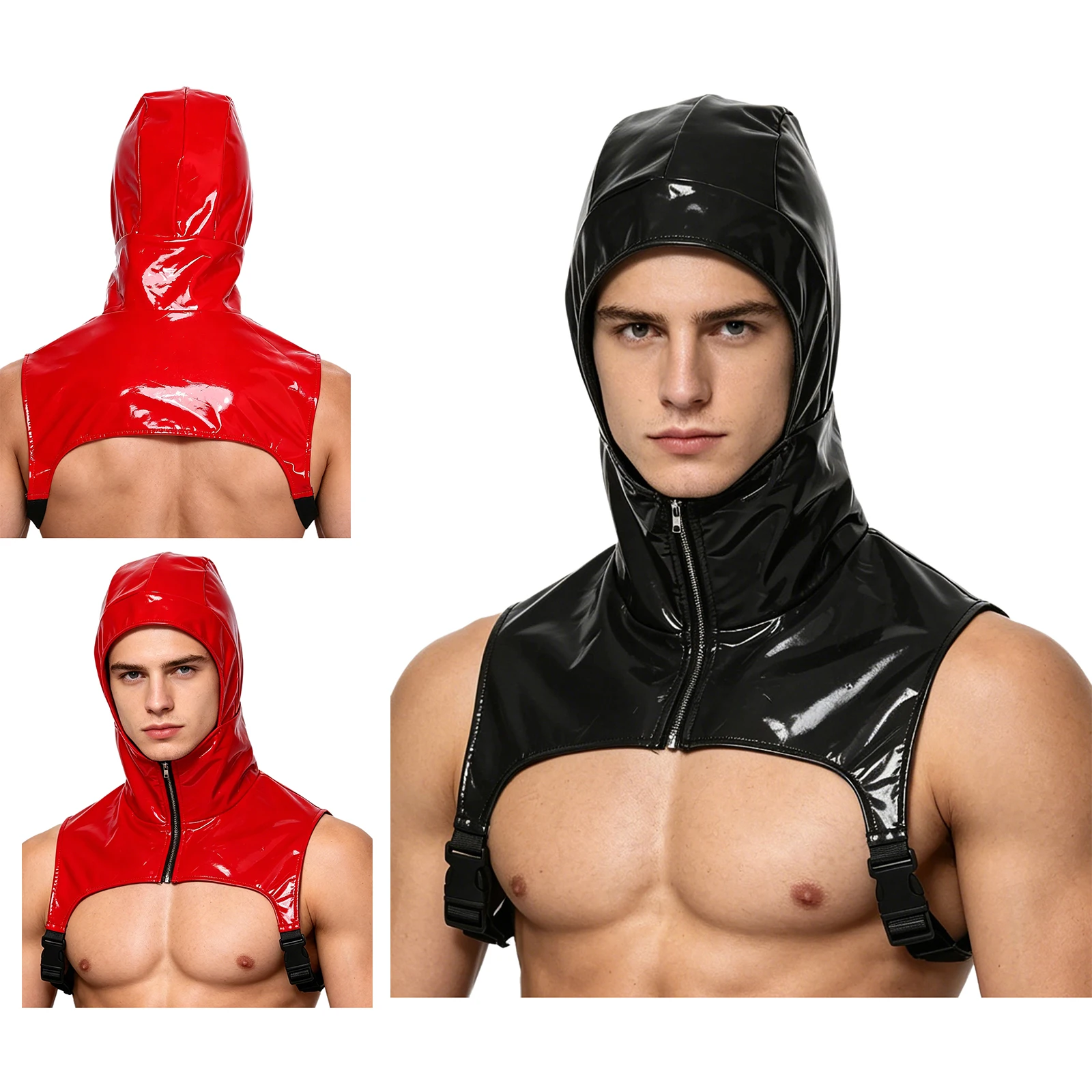 Mens PU Leather Hooded Crop Top Wet Look High Neck Front Zipper Adjustable Underarm Strap Vest Top Showing Muscle Undershirts