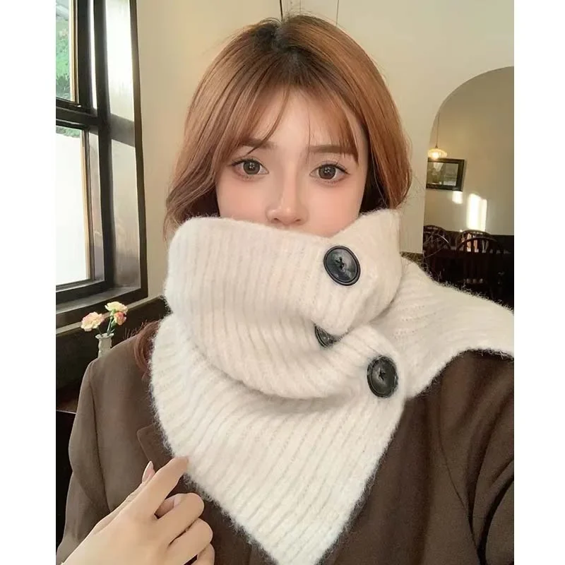 2024 New Autumn Winter Korean Scarf with Solid Warm Padded Scarf Fake High Collar Split Scarf Fashion Buttons Knit Neckerchief