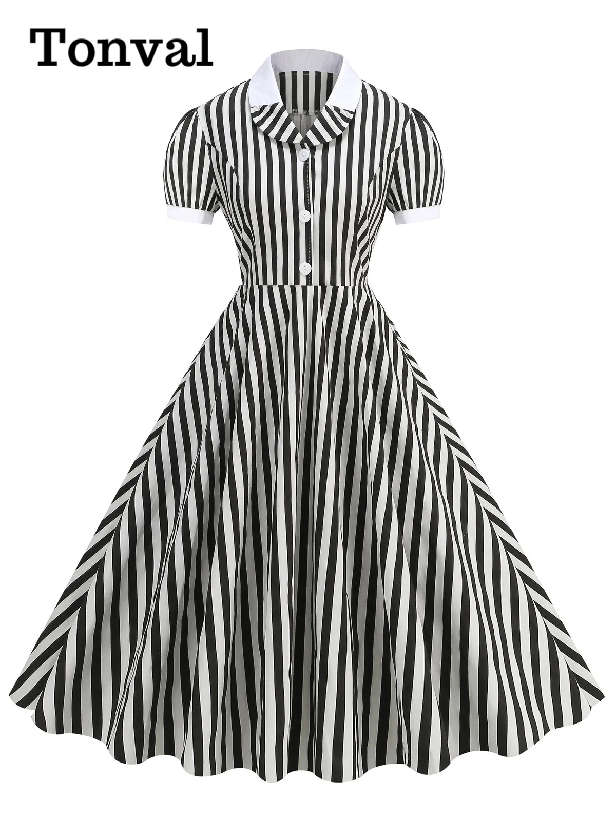 

Tonval Black and White Striped Vintage Long Dresses Summer 100% Polyester Women Button Up Elegant 50s Style Swing Dress