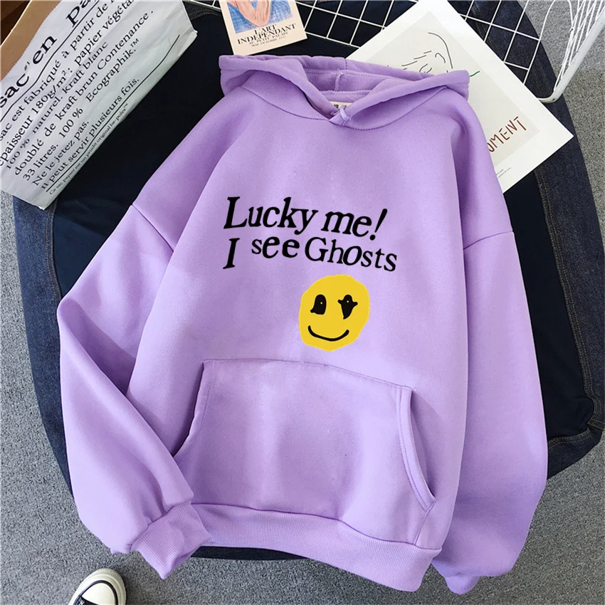 Kanye West Women Hoodies Lucky Me I See Ghosts Print Fleece Women Casual Pullover Unisex Streetwear Harajuku Male Hoody Clothes