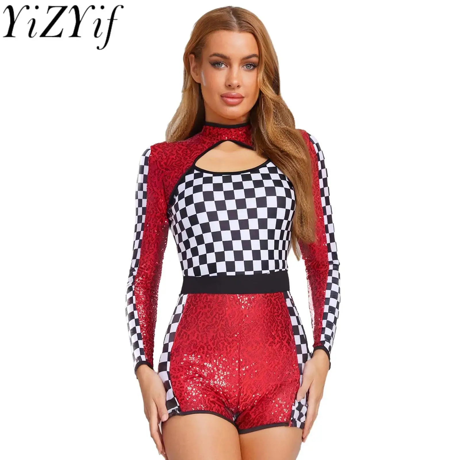 

Women Halloween Party Racer Driving Cosplay Outfits Long Sleeve Shiny Sequins Checkerboard Car Driver Speeding Match Jumpsuits