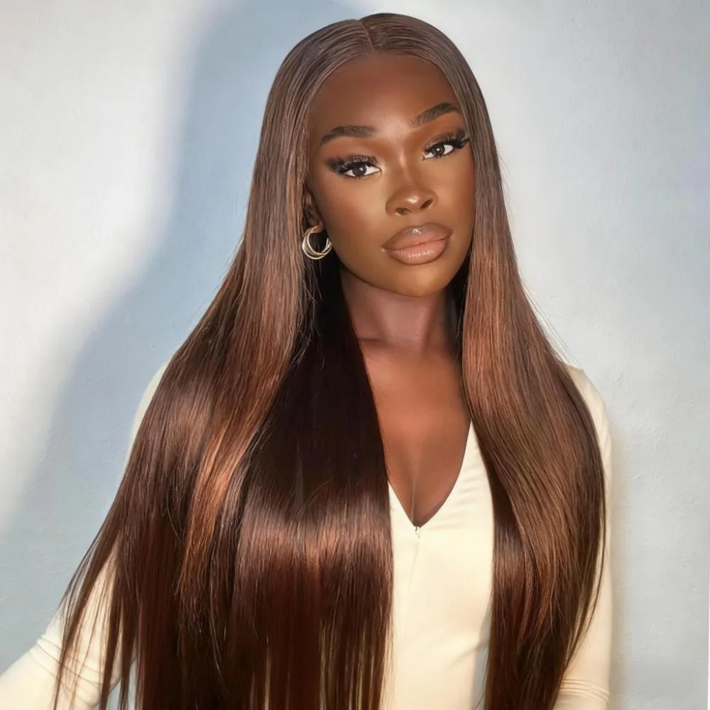 40 46 بوصة الشوكولاته براون شعر طبيعي مفرود باروكة من شعر الشوكولاته البني 13x6 الدانتيل الباروكة الأمامية قبل قطعها الدانتيل خصلات الشعر المستعار الإنسان