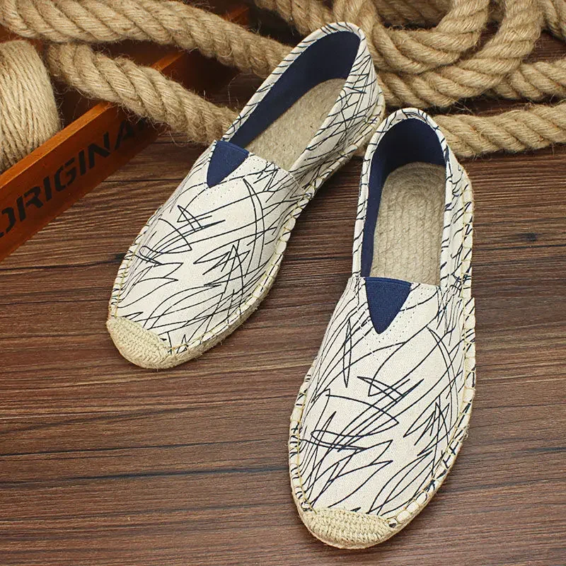 Breathable Men\'s Casual Shoes Slip-On Hemp Shoes Graffiti Espadrilles Women Footwear Flats 2023 Summer Autumn Men Canvas Shoes