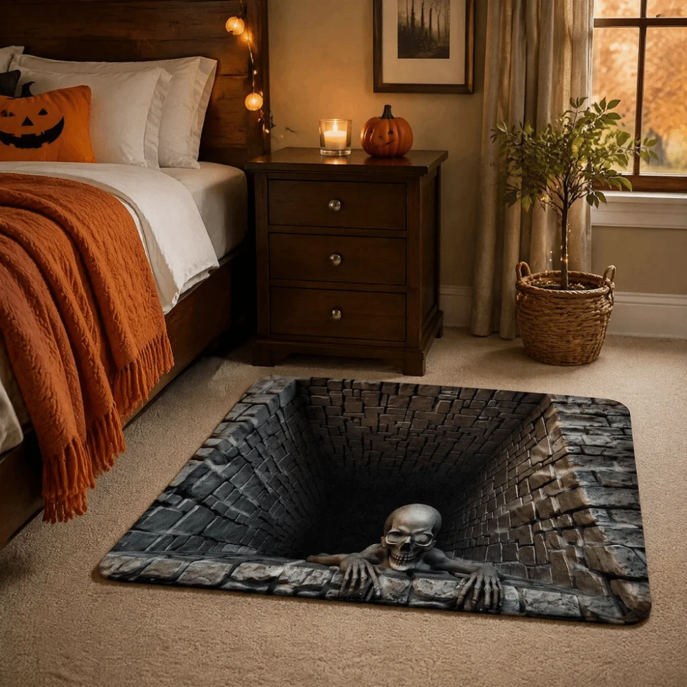 Scary Halloween Optical Illusion Rug Non-Slip Quick Dry Bathroom Carpet Abrasion-Resistant Water-Absorbing Door Rug Bedroom