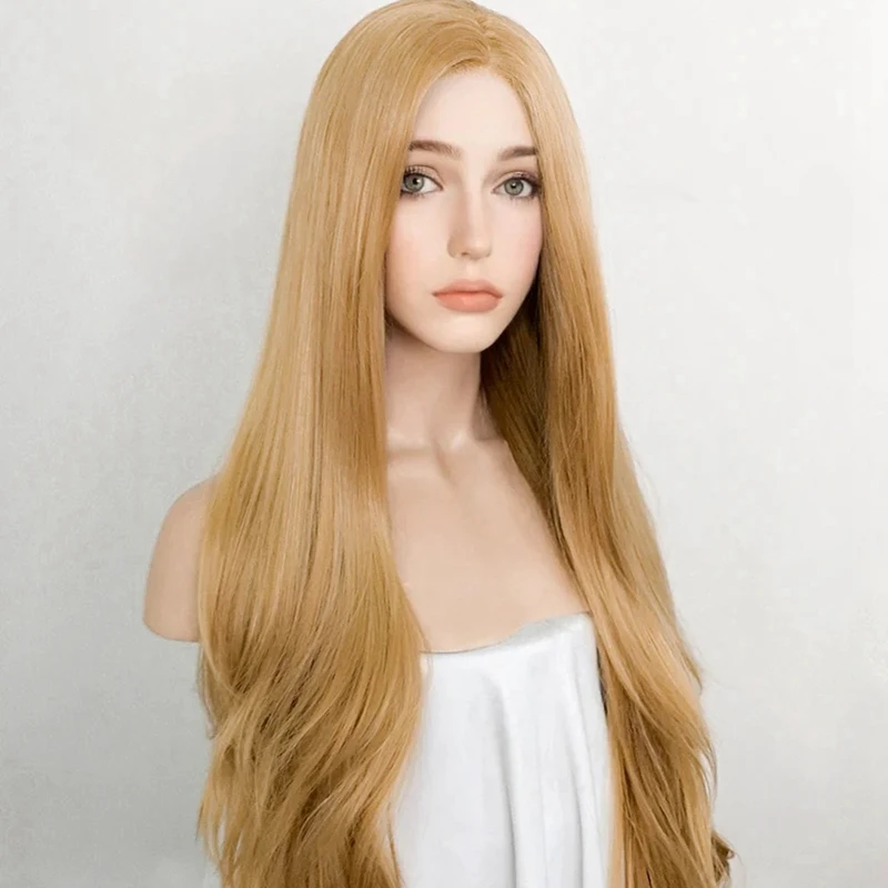 Perruque Lace Front Synthétique Blonde Dorée pour Femme, Sans Colle, Fibre Haute Température, Cosplay, Soyeuse, Droite, 03/Utilisé