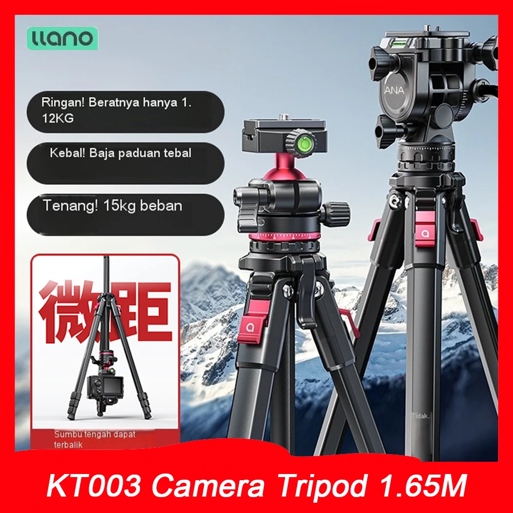 LLANO KT003 Camera Tripod 1.65M Double Panorama Ball Head Portable Aluminum Alloy Travel Camera Phone Stand for Photography