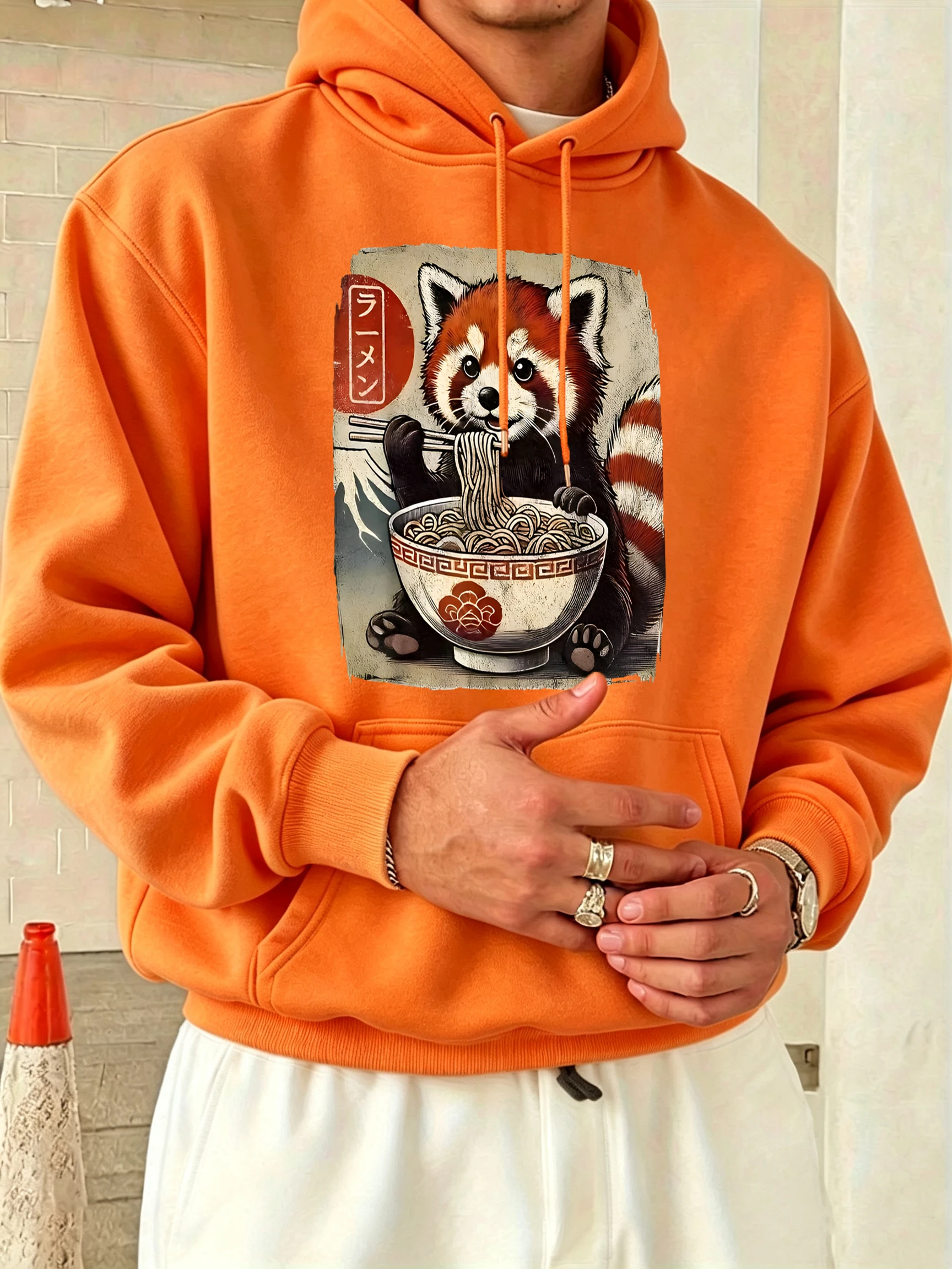 Red Panda Cat Ramen Noodles  Prints Men Autumn Basic Daily Hoodie Comfy Fleece Sport Sweatshirts Long Sleeved Warm Basic Tops