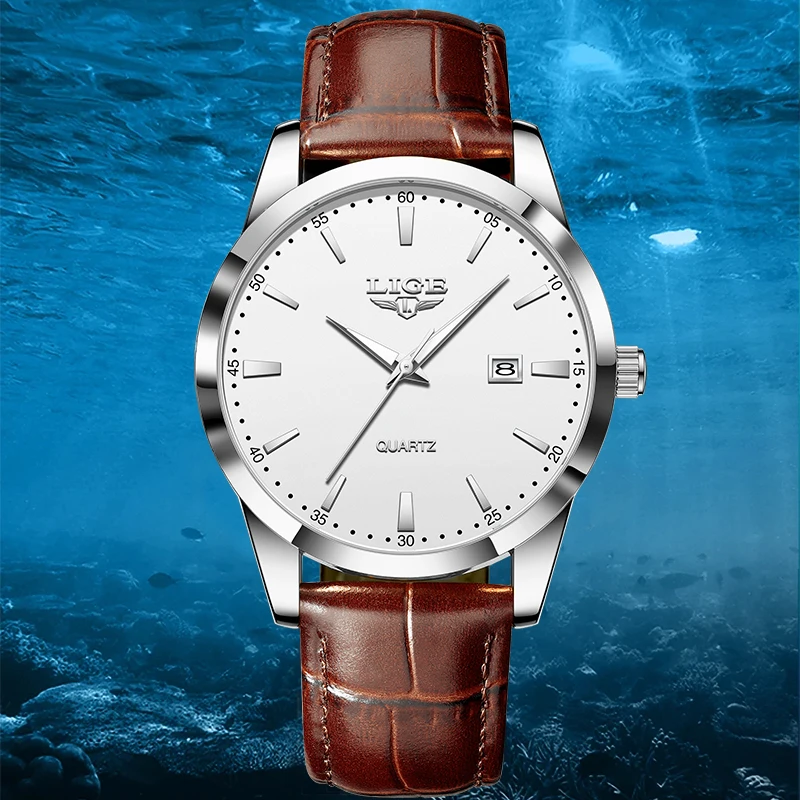 LIGE クォーツマンウォッチファッションシンプルなレザートップブランドの高級日付軍事発光防水カジュアルスポーツビジネス腕時計