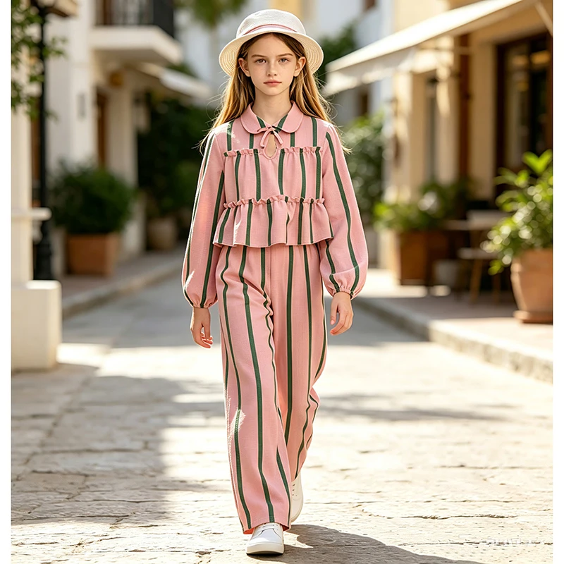 Girls 8‑12Y Spring Fall Casual Outfit Vertical Stripe Tiered Ruffle Blouse Bow Neck Design Loose Wide Leg Trousers Clothing Set