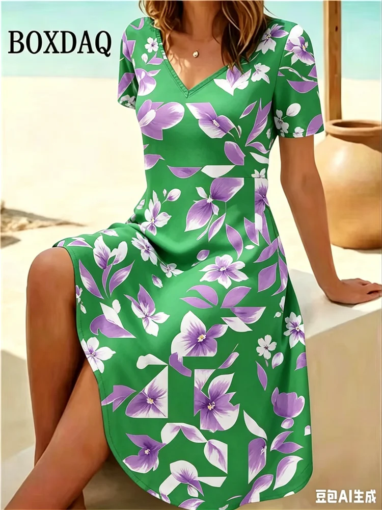 3D Flowers Printed Short Sleeve Dress Summer Plus Size Women's Clothing 2026 V-Neck Short Sleeves Loose Casual Retro Dress 6XL