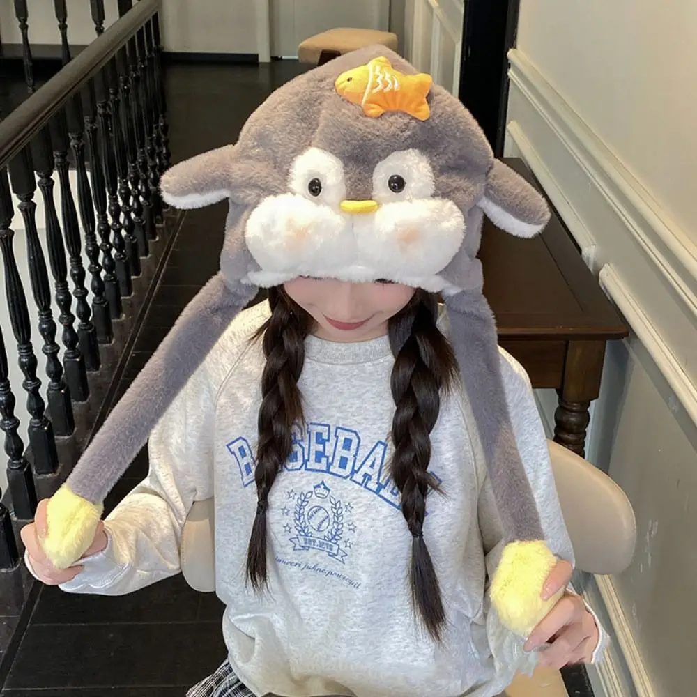 

Sweet Cartoon Penguin Ear Moving Hat Kawaii Windproof Fluffy Pullover Hat Solid Color Thickened Warm Lei Feng Cap Outdoor