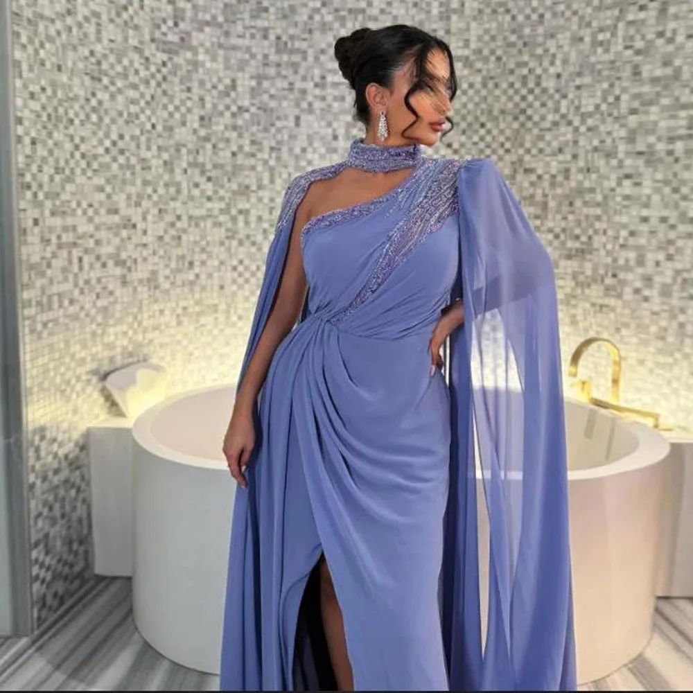 Vestidos de noite personalizados de lavanda com capa, um ombro, miçangas, formal, vestido de convidado de casamento, fenda, chiffon, فساتmavera