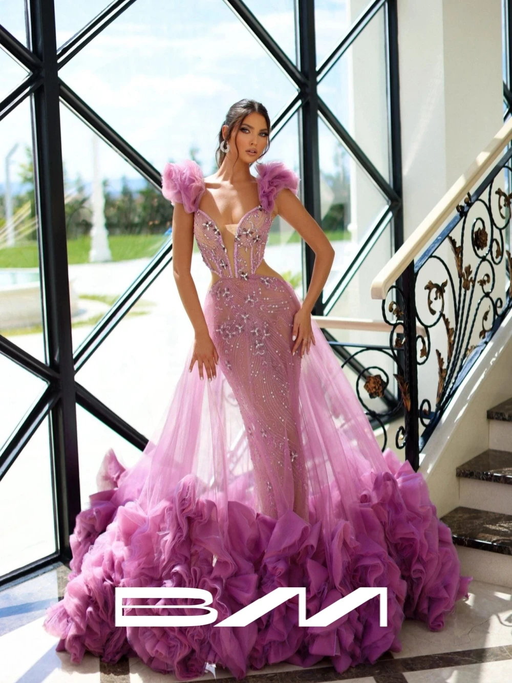 

BRLMALL Purple Ruffled Romantic Evening Dress Sexy Beads Cut-out Prom Gown Customized Chic Banquet Plunge Neckline Women Wear